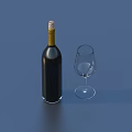 Dark Colored Wine Bottle with Yellow Neck and Transparent Wine Glass on Blue Background