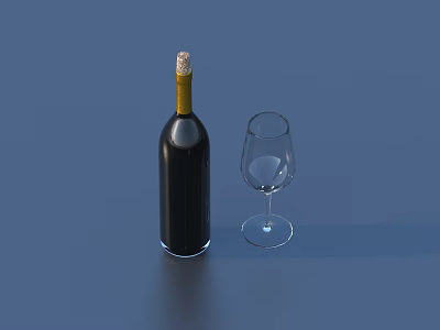 Dark Colored Wine Bottle with Yellow Neck and Transparent Wine Glass on Blue Background 3d model