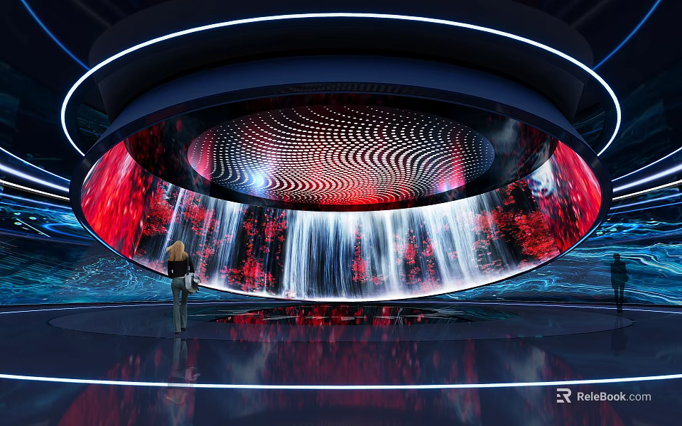 Large Circular LED Screen With Red White Wave Pattern Waterfall Effect And Blue Lighting 3d model