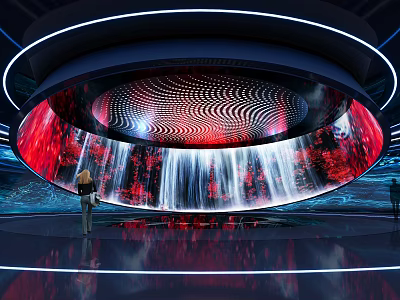 Large Circular LED Screen With Red White Wave Pattern Waterfall Effect And Blue Lighting 3d model