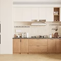Modern Kitchen With Light Upper Cabinets Wooden Lower Cabinets Range Hood And Tile Backsplash