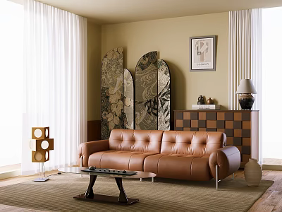 Cozy Vintage Living Room With Brown Leather Sofa And Artistic Partition Creates Relaxing Home Vibe 3d model