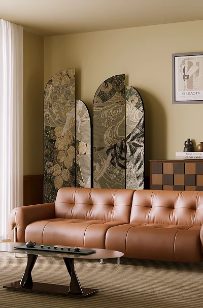 Cozy Vintage Living Room With Brown Leather Sofa And Artistic Partition Creates Relaxing Home Vibe 3d model