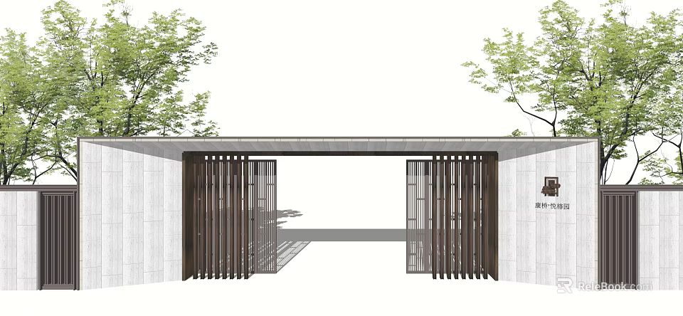 Modern Building Exterior Wall With Wooden Lattice Gates Stone Facade And Surrounding Trees Design 3d model 