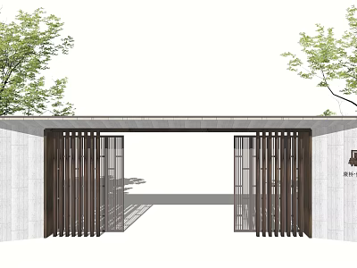 Modern Building Exterior Wall With Wooden Lattice Gates Stone Facade And Surrounding Trees Design 3d model