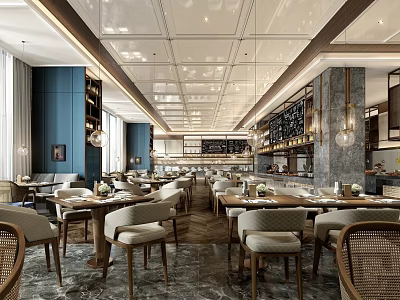 Elegant Modern Restaurant Interior With Marble Floors Dining Tables And Pendant Lights 3d model