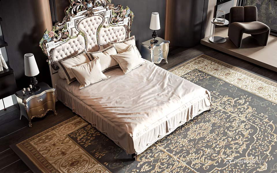 Luxurious Bedroom Double Bed with Ornate Carved Headboard Beige Sheets Pillows Bedside Tables Patterned Rug 3d model 