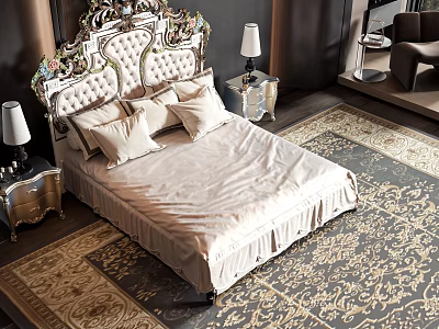 Luxurious Bedroom Double Bed with Ornate Carved Headboard Beige Sheets Pillows Bedside Tables Patterned Rug 3d model