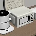 White Kitchen Appliances Steamer Microwave Rice Cooker On Wooden Countertop With Geometric Wall Art