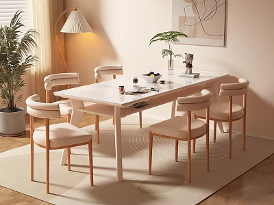 Modern Dining Table Set With Six Chairs White Tabletop Wooden Legs And Beige Cushions 3d model