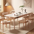 Modern Dining Table Set With Six Chairs White Tabletop Wooden Legs And Beige Cushions