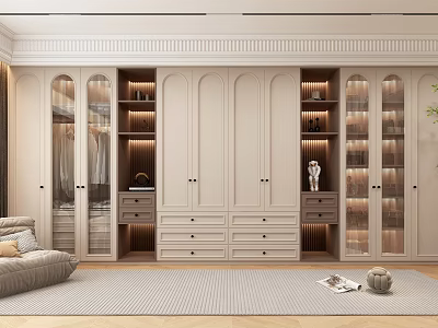 Modern Walk-in Closet Interior With Glass Door Wardrobes Drawers And Lighting 3d model