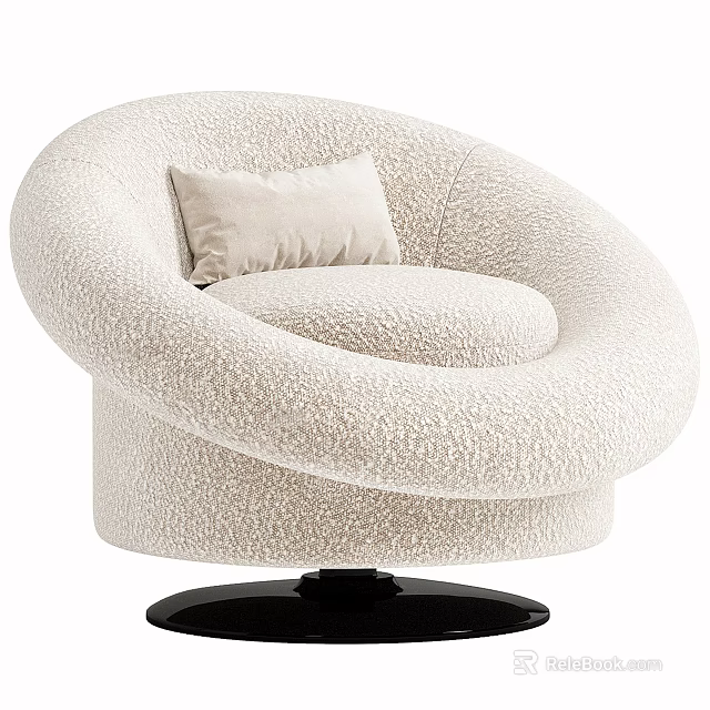 Plush Beige Round Leisure Chair With Soft Pillow And Black Circular Base 3d model 
