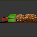 Colorful Desserts With Sesame Round Balls Square Cakes On Wooden Tray With Green Leaves