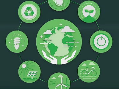 Eco Friendly Wall Decor Featuring Globe Held By Hands Recycle Leaf Bulb Windmill Bicycle Icons 3d model