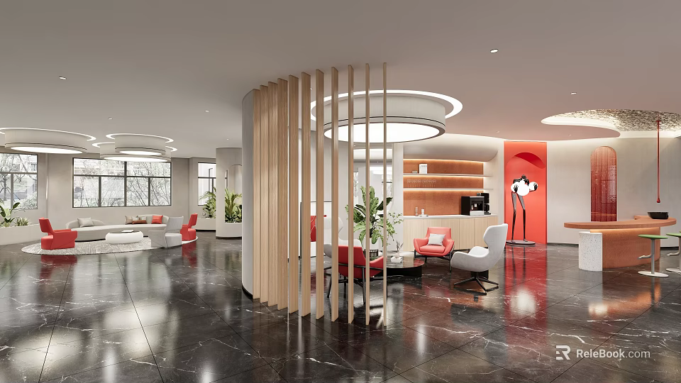 Modern Lounge Area With Wooden Slat Partition Circular Ceiling Lights And Polished Black Marble Floor 3d model 