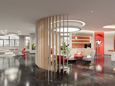 Modern Lounge Area With Wooden Slat Partition Circular Ceiling Lights And Polished Black Marble Floor 3d model