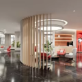 Modern Lounge Area With Wooden Slat Partition Circular Ceiling Lights And Polished Black Marble Floor