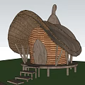 Boutique Guesthouse Building with Unique Thatched Roof Design Wooden Base and Grassland Stairs