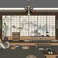 Japanese Style Tea Room Interior With Shoji Screen Tatami Mats Wooden Chandelier And Tea Set
