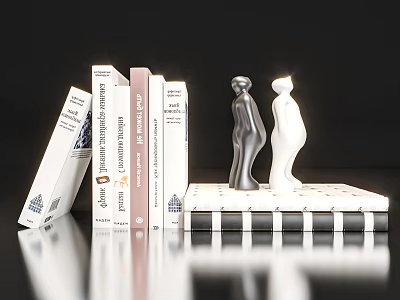 Black And White Decorative Figurine Set With Books Checkered Base And Reflective Surface 3d model