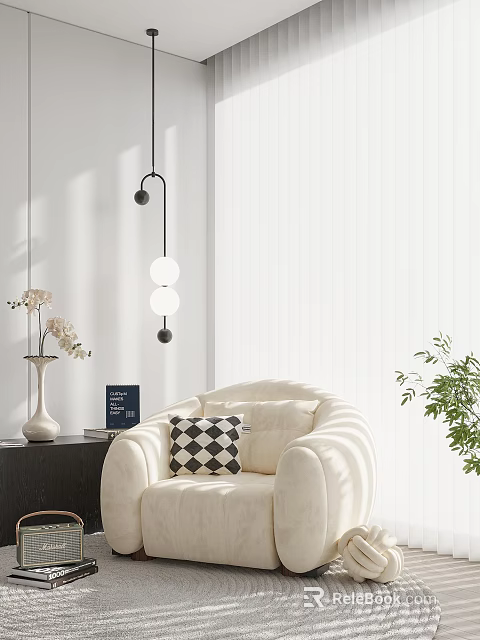 Cozy Beige Soft Single Sofa With Black White Checkered Pillow By White Curtains And Green Plant 3d model 