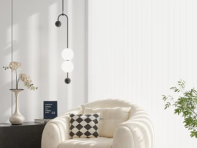 Cozy Beige Soft Single Sofa With Black White Checkered Pillow By White Curtains And Green Plant 3d model