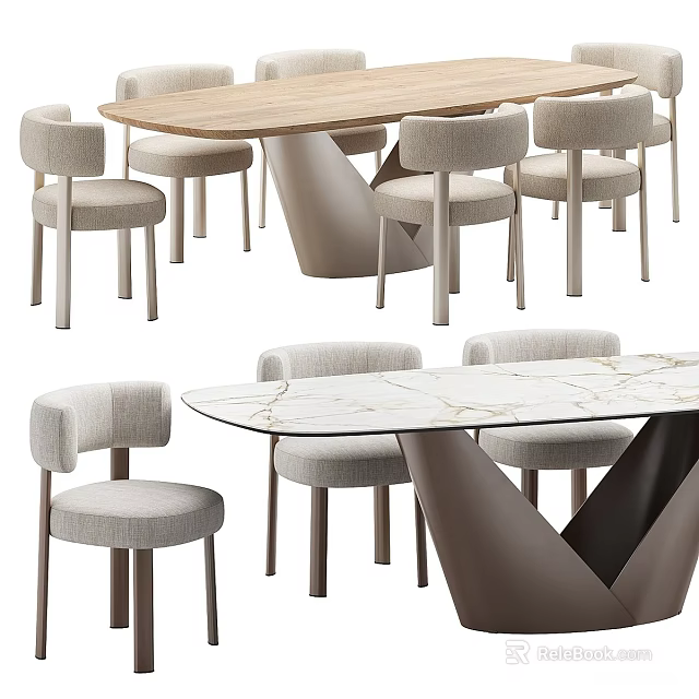 Modern Luxury Dining Table Set With Upholstered Fabric Chairs Featuring Two Different Premium Tabletop Styles 3d model 