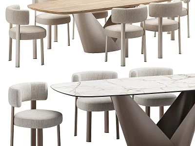 Modern Luxury Dining Table Set With Upholstered Fabric Chairs Featuring Two Different Premium Tabletop Styles 3d model