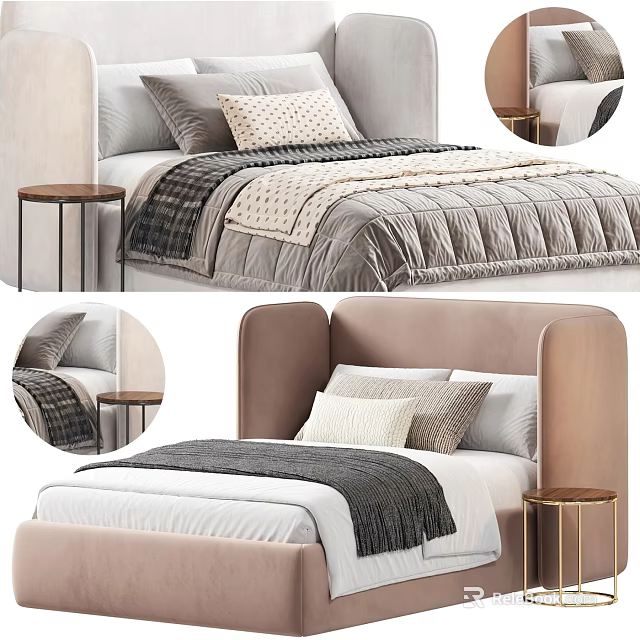 Beige Upholstered Double Bed With Pillows Blanket Quilt And Side Table 3d model 