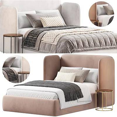 Beige Upholstered Double Bed With Pillows Blanket Quilt And Side Table 3d model