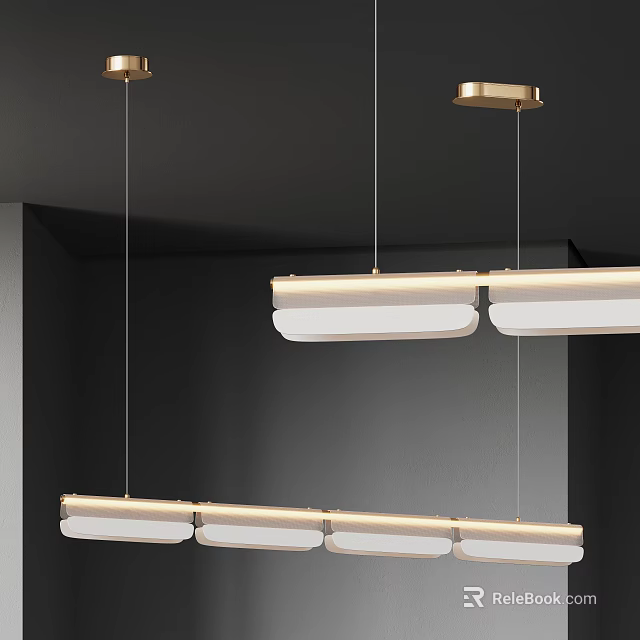 Modern Linear Pendant Lights With White Shades And Gold Frame In Contemporary Interior 3d model 