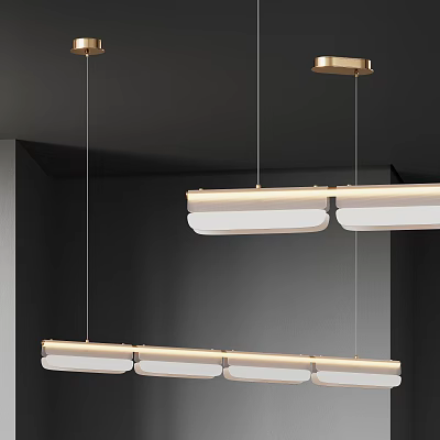 Modern Linear Pendant Lights With White Shades And Gold Frame In Contemporary Interior 3d model