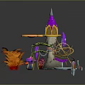 Cartoon Scene with Purple Yellow Spire Tower Orange Flowers Green Leaves and Golden Spiral Structure