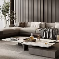 Modern Living Room Interior With Wooden Paneled Wall Gray Sofa Large Window And Area Rug
