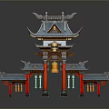 Traditional Chinese Scenery With Blue Tiled Roof Red Pillars And Decorative Bells