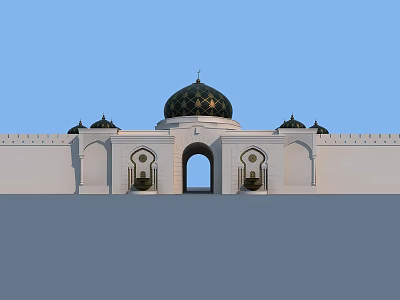 Islamic Style Arched Entrance Gate With White Walls And Decorative Domes 3d model