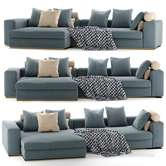 Elegant Modern Gray Double Sofa With Soft Pillows And Checkered Blanket 3d model