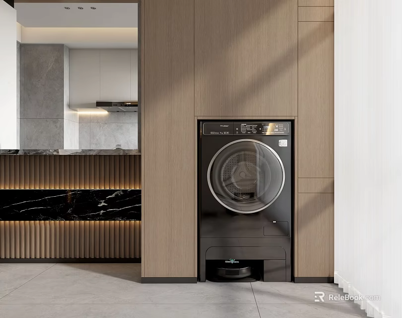 Modern Home Interior Featuring Sleek Black Washing Machine In Wooden Cabinet 3d model 