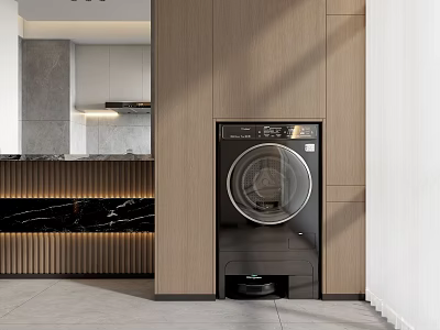 Modern Home Interior Featuring Sleek Black Washing Machine In Wooden Cabinet 3d model