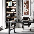 Elegant Modern Study Room Interior With Bookshelves Desk Chair And Artwork