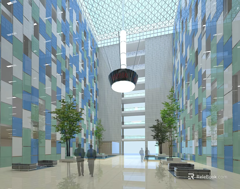 Modern Lobby With Blue Green Geometric Walls Large Pendant Light Shiny Floor Trees And Benches 3d model 