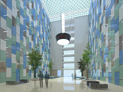 Modern Lobby With Blue Green Geometric Walls Large Pendant Light Shiny Floor Trees And Benches 3d model