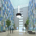 Modern Lobby With Blue Green Geometric Walls Large Pendant Light Shiny Floor Trees And Benches