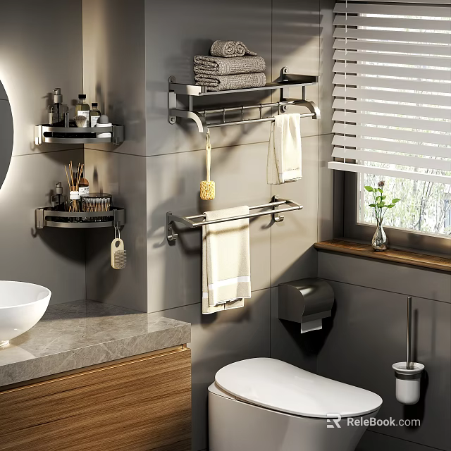 Sleek Modern Bathroom Accessories With Wall Shelves Towel Racks And Toilet Paper Holder 3d model 