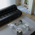 Modern Living Dining Room Interior With Black Leather Sofa Wooden Bookshelf And Green Plants