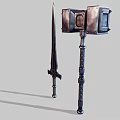 Medieval Metal Hammer and Long Sword with Decorative Handles and Sharp Blades 3d model