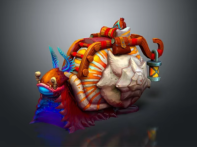 Vibrant Fantasy Snail Creature With Character On Decorated Shell And Hanging Lantern 3d model