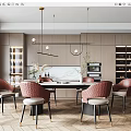 Modern Restaurant Interior Design With Dining Table Chairs Pendant Lights And Herringbone Floor 3d model