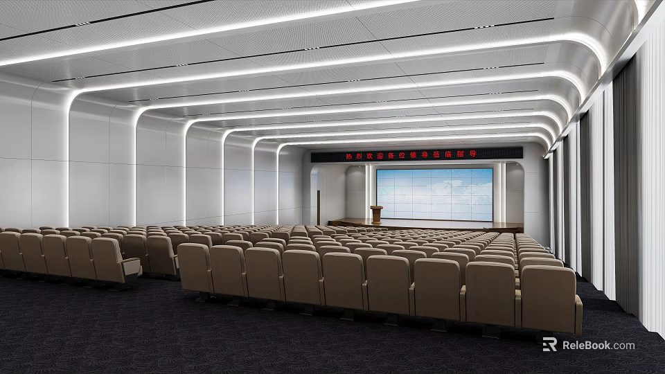 Modern Conference Room With Neatly Arranged Seats Podium Large Screen And Ceiling Light Strips 3d model 